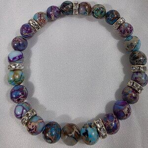 Galaxy Sea Sediment Jasper Stretch Bracelet Purple Blue Rhinestone Spacers
